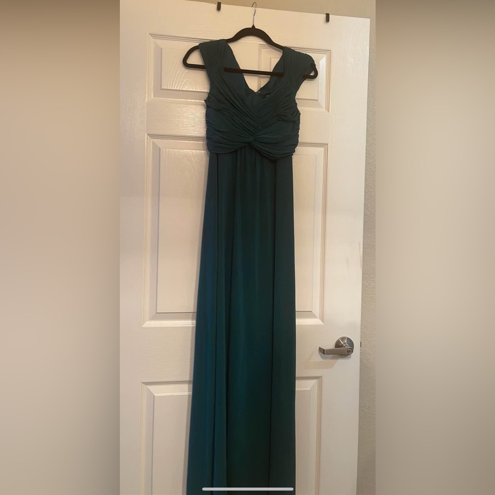 off shoulder dark emerald floor length Gianni Bini gown